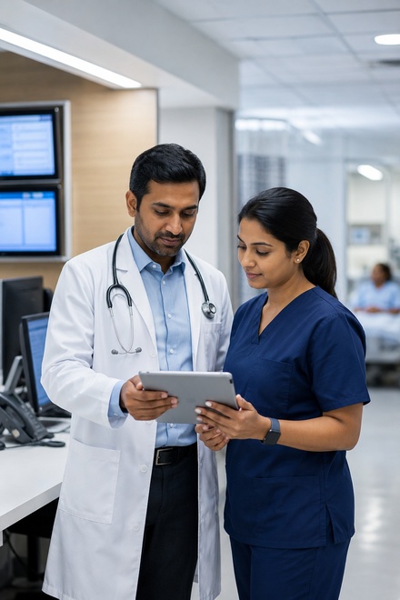 Healthcare operations team reviewing clinical workflow support and task coordination