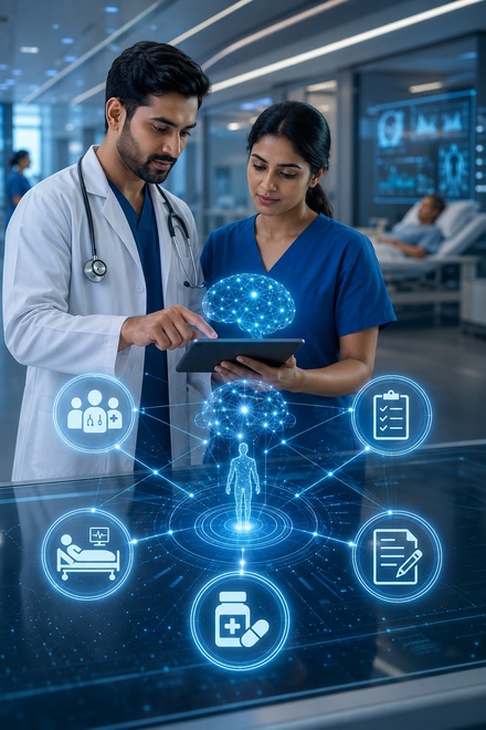 Healthcare professionals coordinating clinical workflow tasks with AI support
