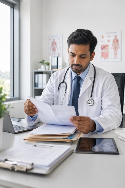 Healthcare document processing workflow with staff reviewing clinical and operational records