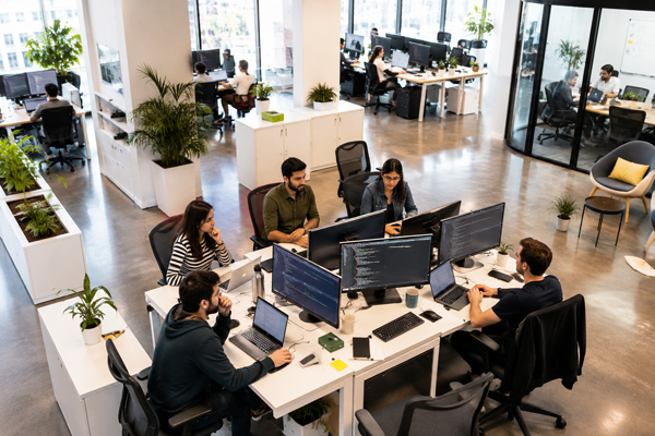 Dedicated software engineering team working together