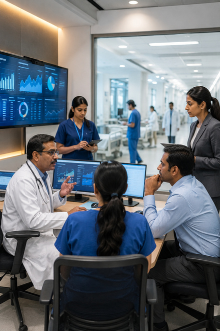 Hospital operations team reviewing AI-assisted insights and service performance