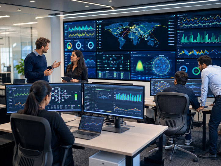 IT operations management team monitoring infrastructure health and alerts